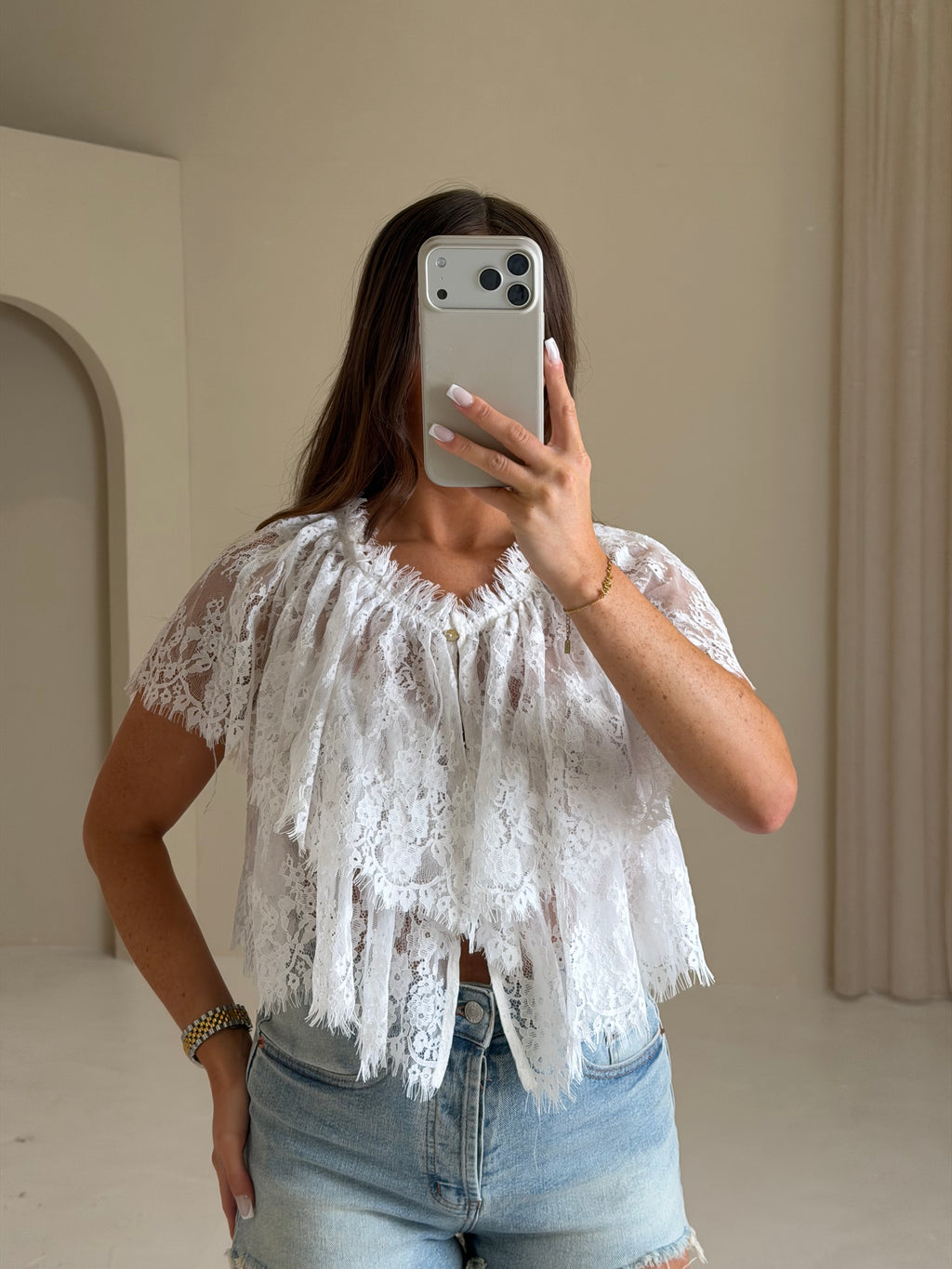 LULA Lace Frill Button Up Top In White