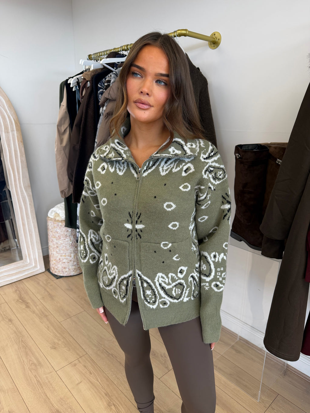 MAEVE Knitted Long Sleeved Zip Up Jumper In Khaki