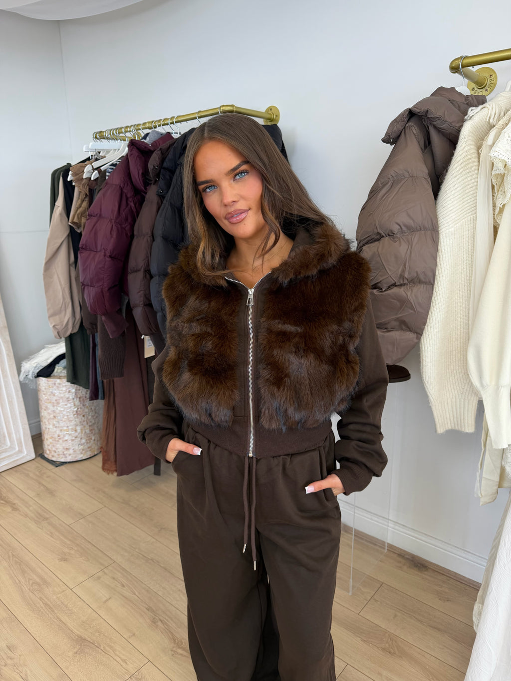 AUBREY Hooded Faux Fur Zip Up Jacket & Wide Leg Trouser Co-Ord In Chooclate