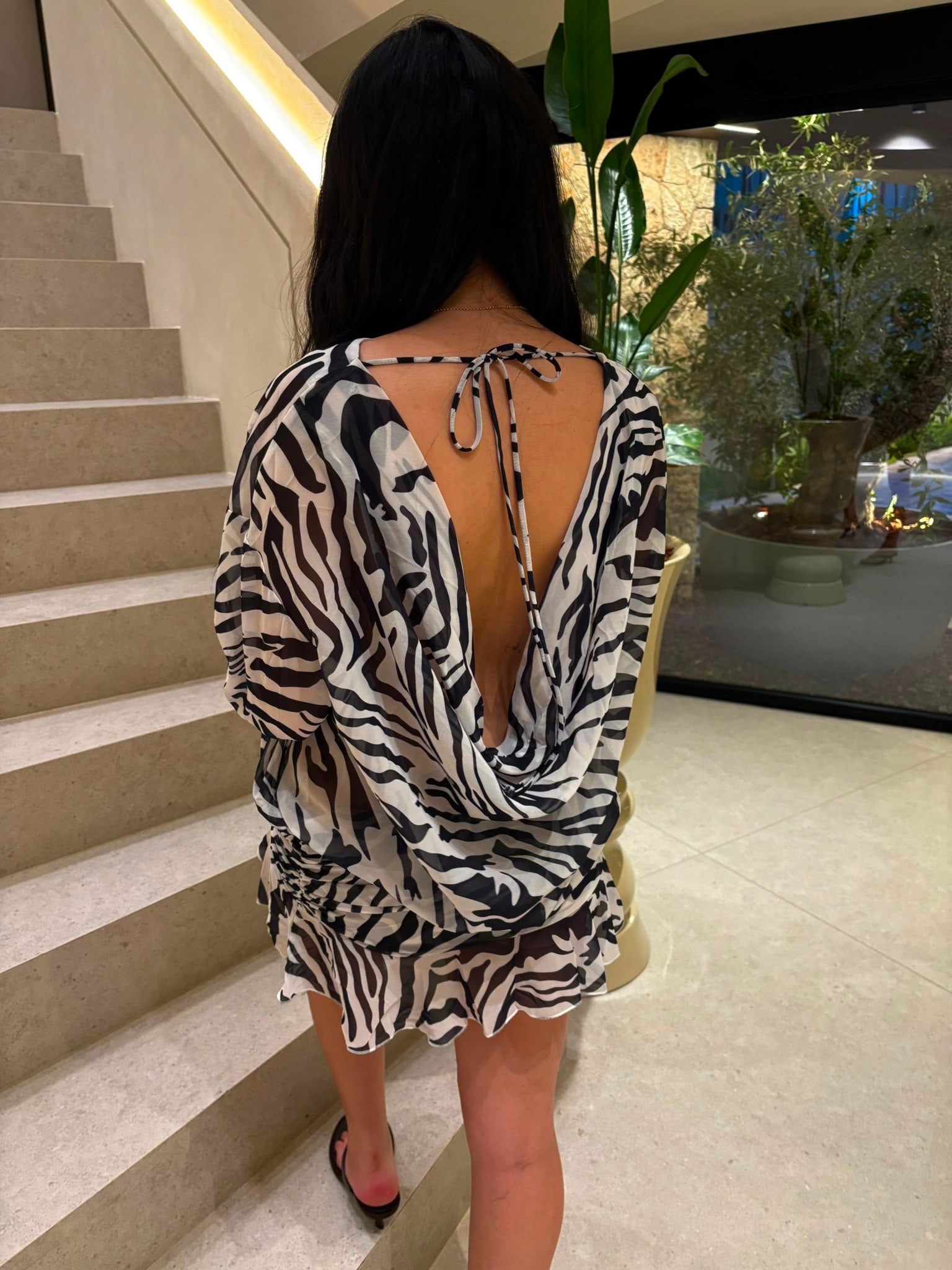 YASMIN Backless Zebra Long Sleeved Ruched Mini Dress