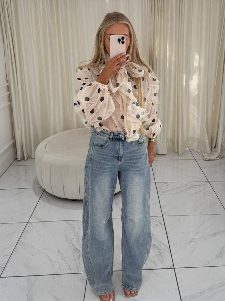 DOTTIE Long Sleeved Polka Dot Bow Blouse In Beige