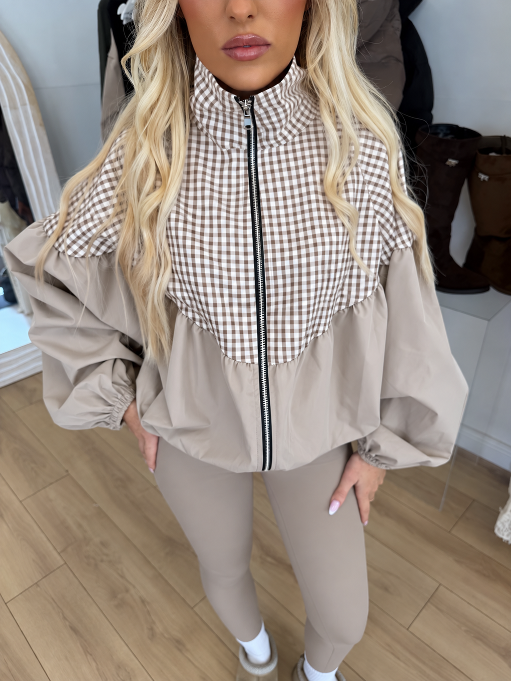 BAMBI Gingham Zip Up High Neck Jacket In Beige