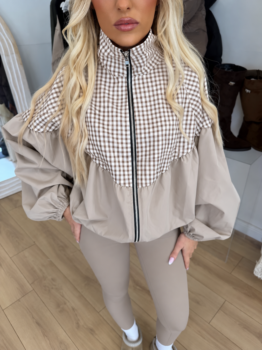 BAMBI Gingham Zip Up High Neck Jacket In Beige