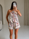 ROMY Satin Halterneck Printed Co-Ord In Pink