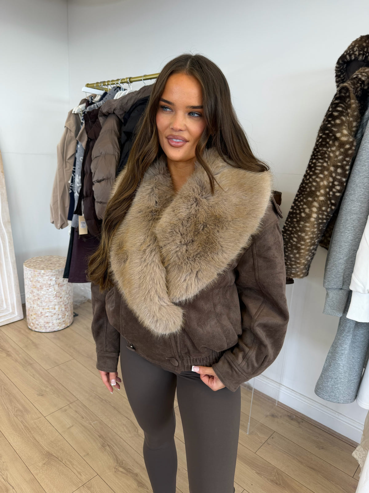 ASPEN Faux Fur Suede Jacket In Walnut Brown