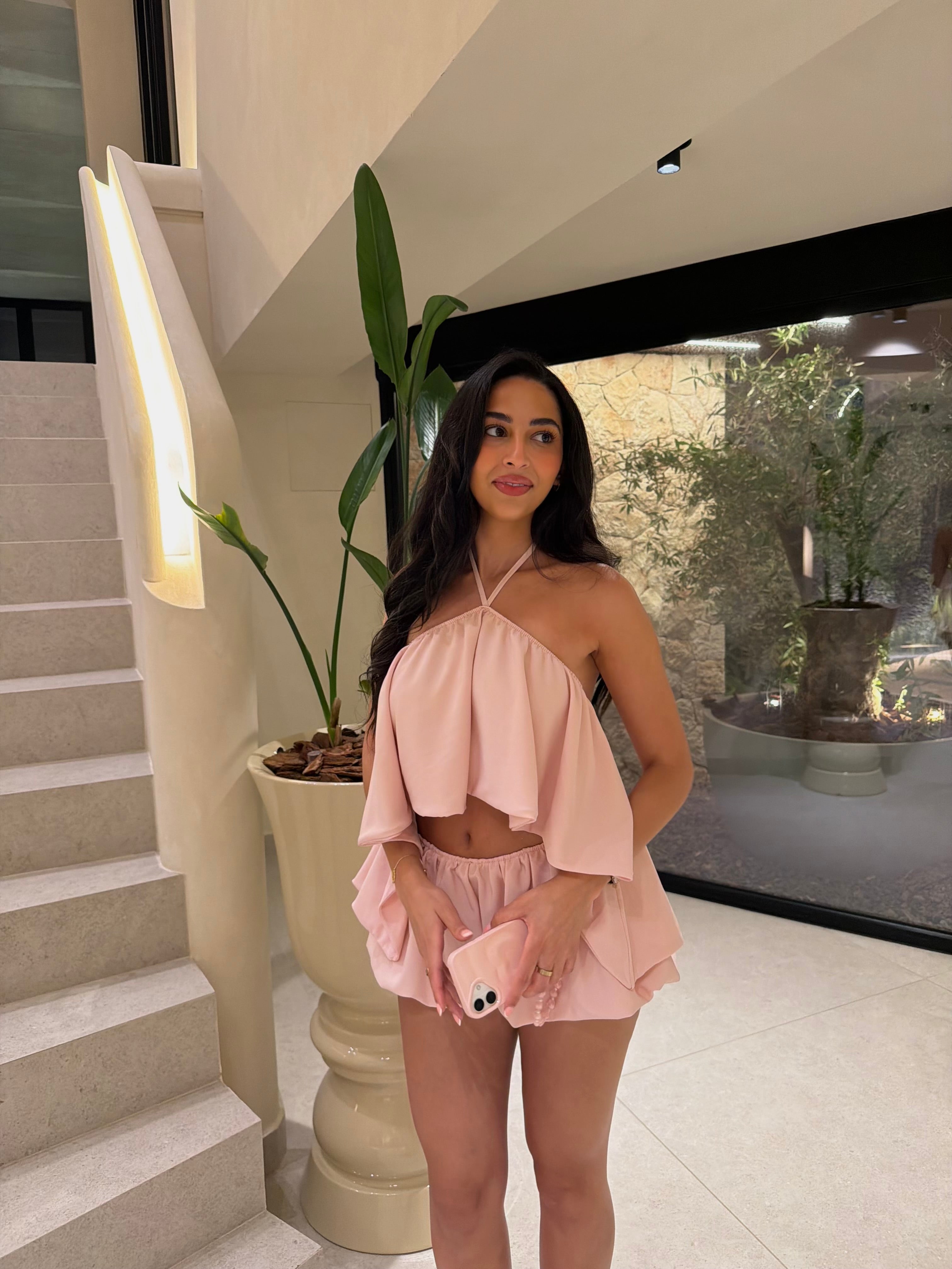 GIGI Halterneck Top & Puff Ball Shorts Co-Ord In Pink