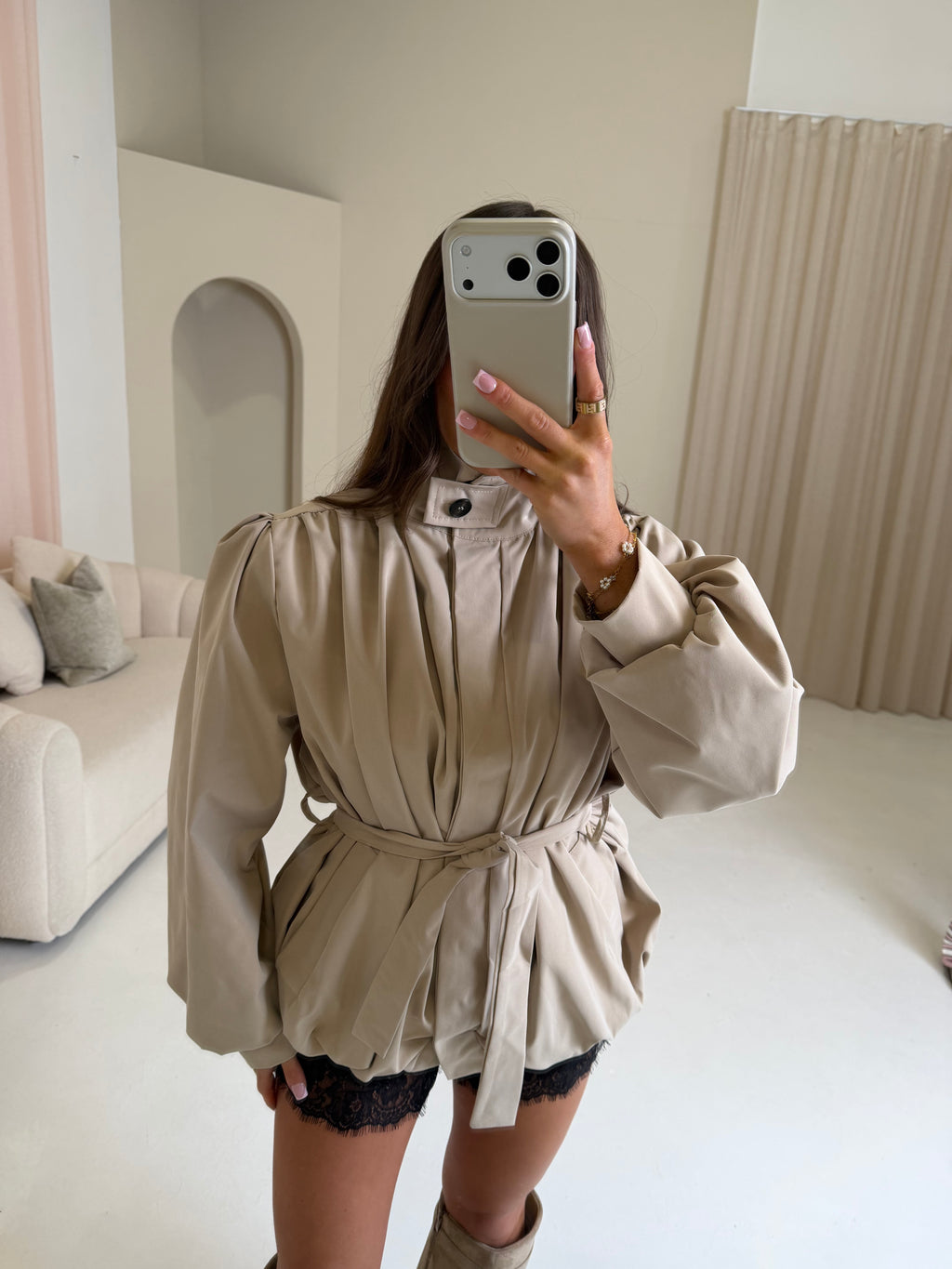 FRANKIE Funnel Neck Belted Jacket In Beige
