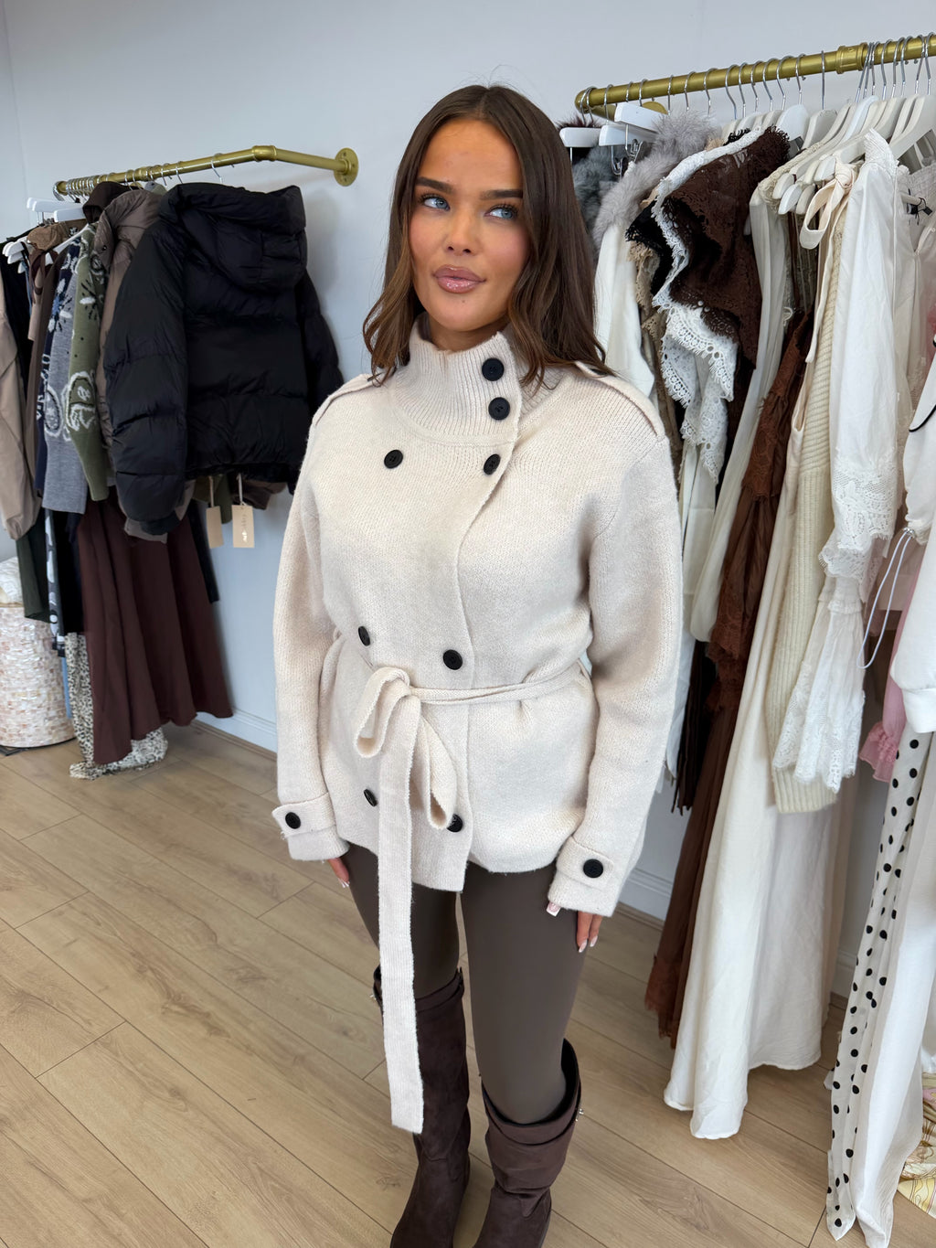 FRANCESCA Knitted High Neck Belted Jumper In Biscuit