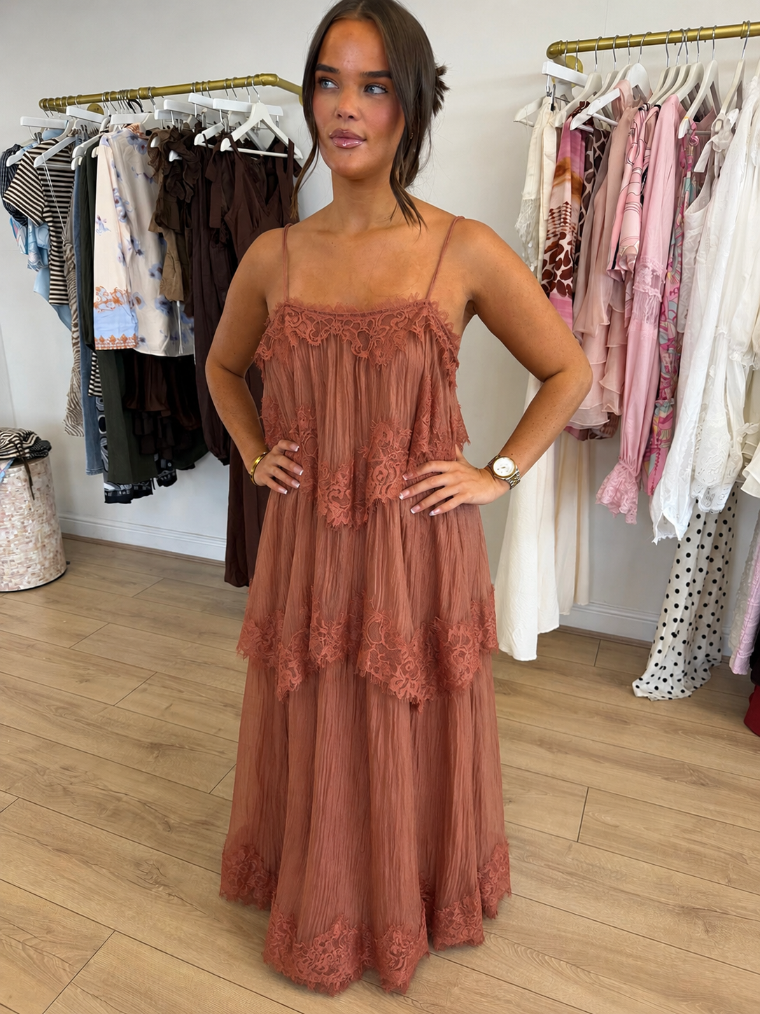FLORENCE Chiffon Lace Tiered Ruffle Maxi Dress In Mocha