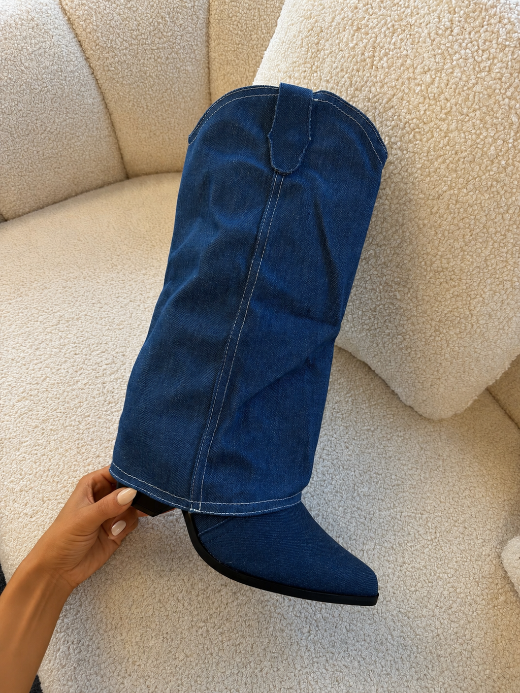 STEVIE Foldover Cowboy Heeled Boots In Denim
