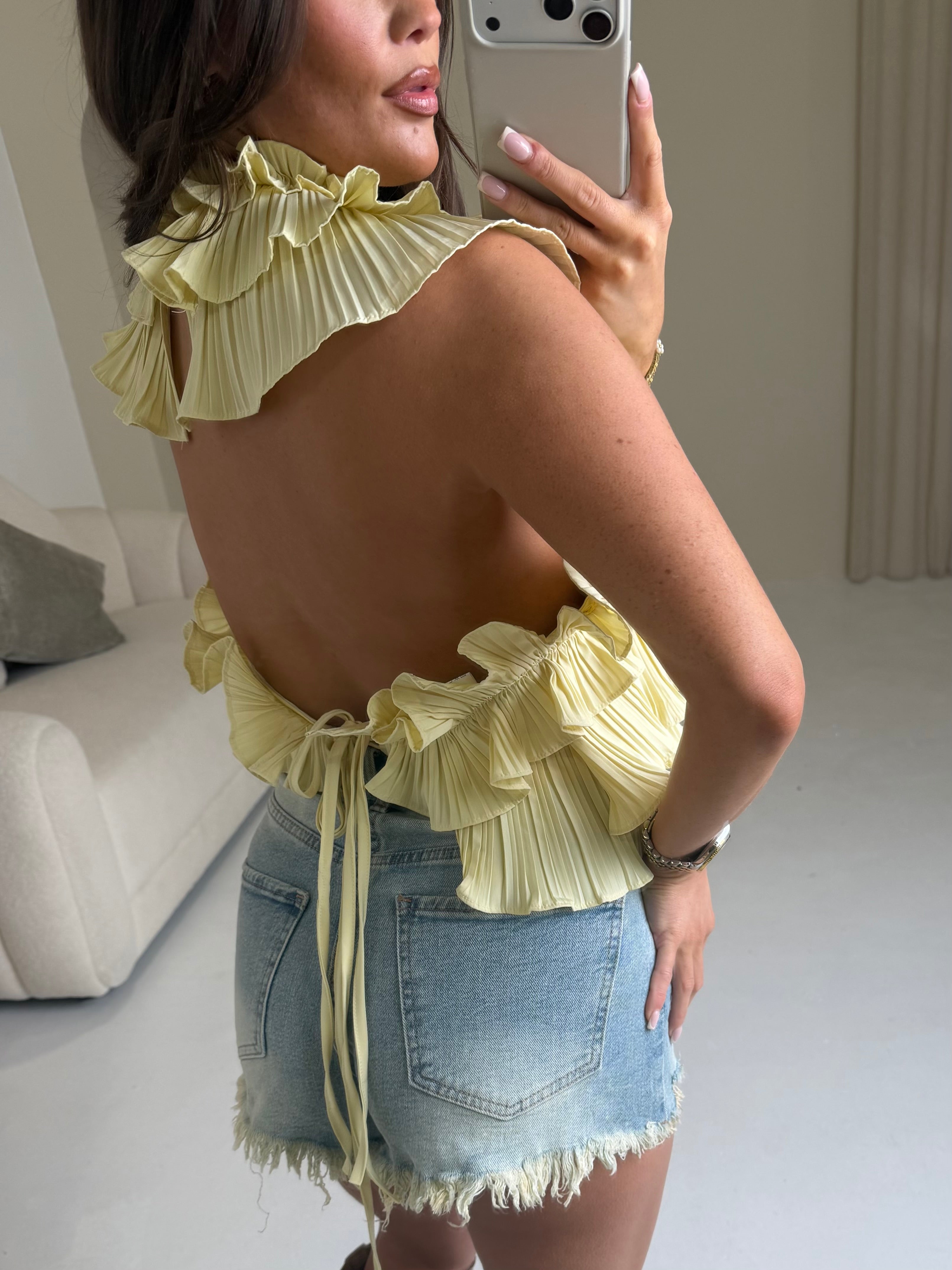 ELIZA Pleated Ruffle Trim Blouse In Lemon