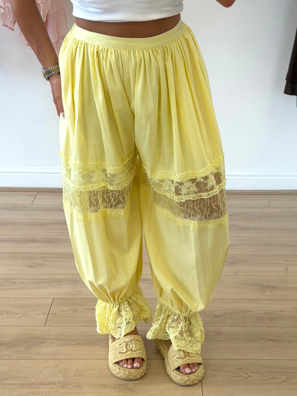 LUNA High Waisted Lace Boho Trousers In Lemon