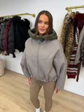 SUNDAY Wool Look Hooded Jacket In Taupe & Khaki