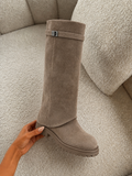 HARLEY Suede Knee High Foldover Boots In Beige