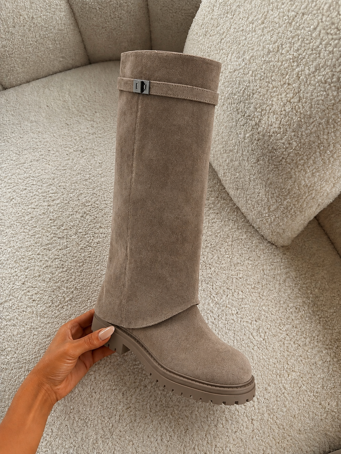 HARLEY Suede Knee High Foldover Boots In Beige