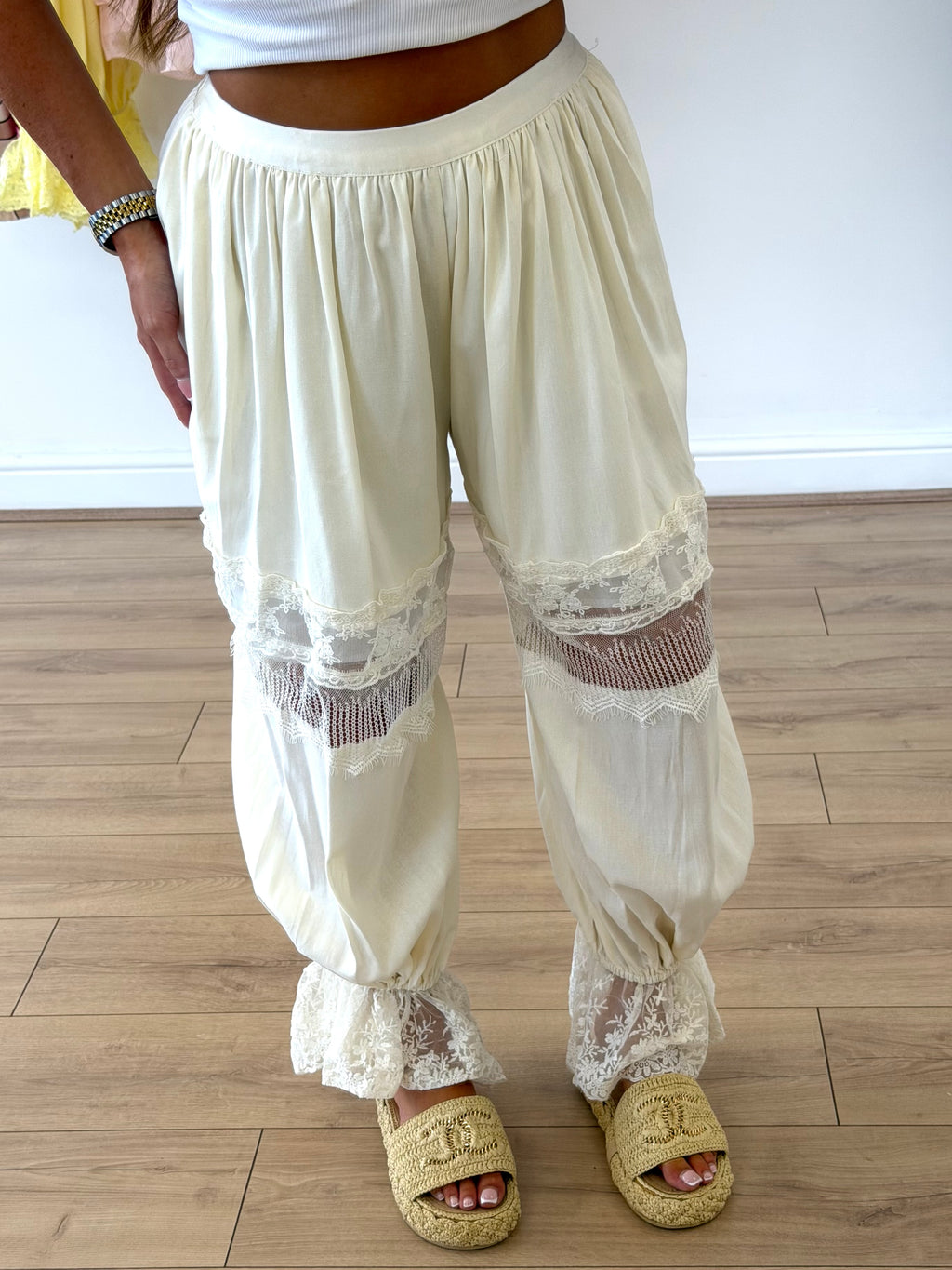 LUNA High Waisted Lace Boho Trousers In Cream