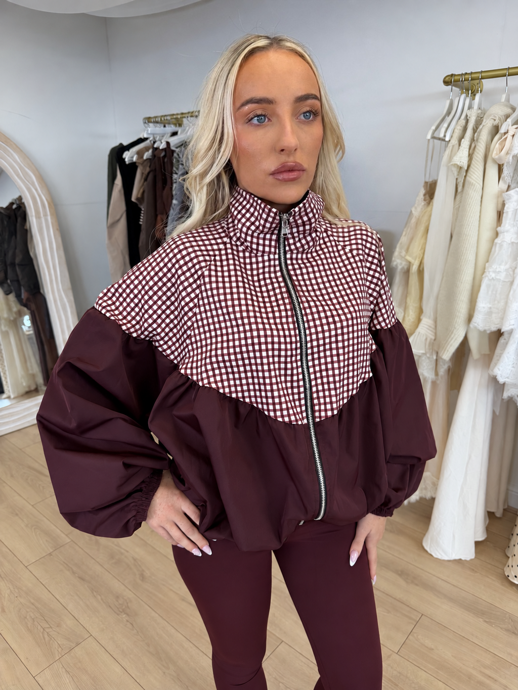 BAMBI Gingham Zip Up High Neck Jacket In Burgundy