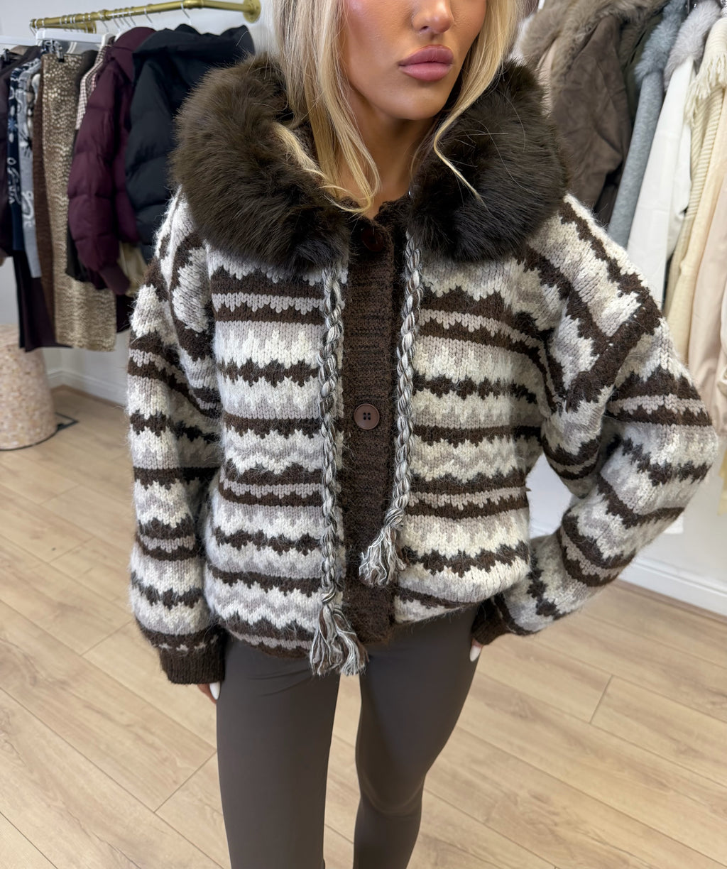 WINNIE Chunky Knitted Faux Fur Hooded Cardigan In Chocolate