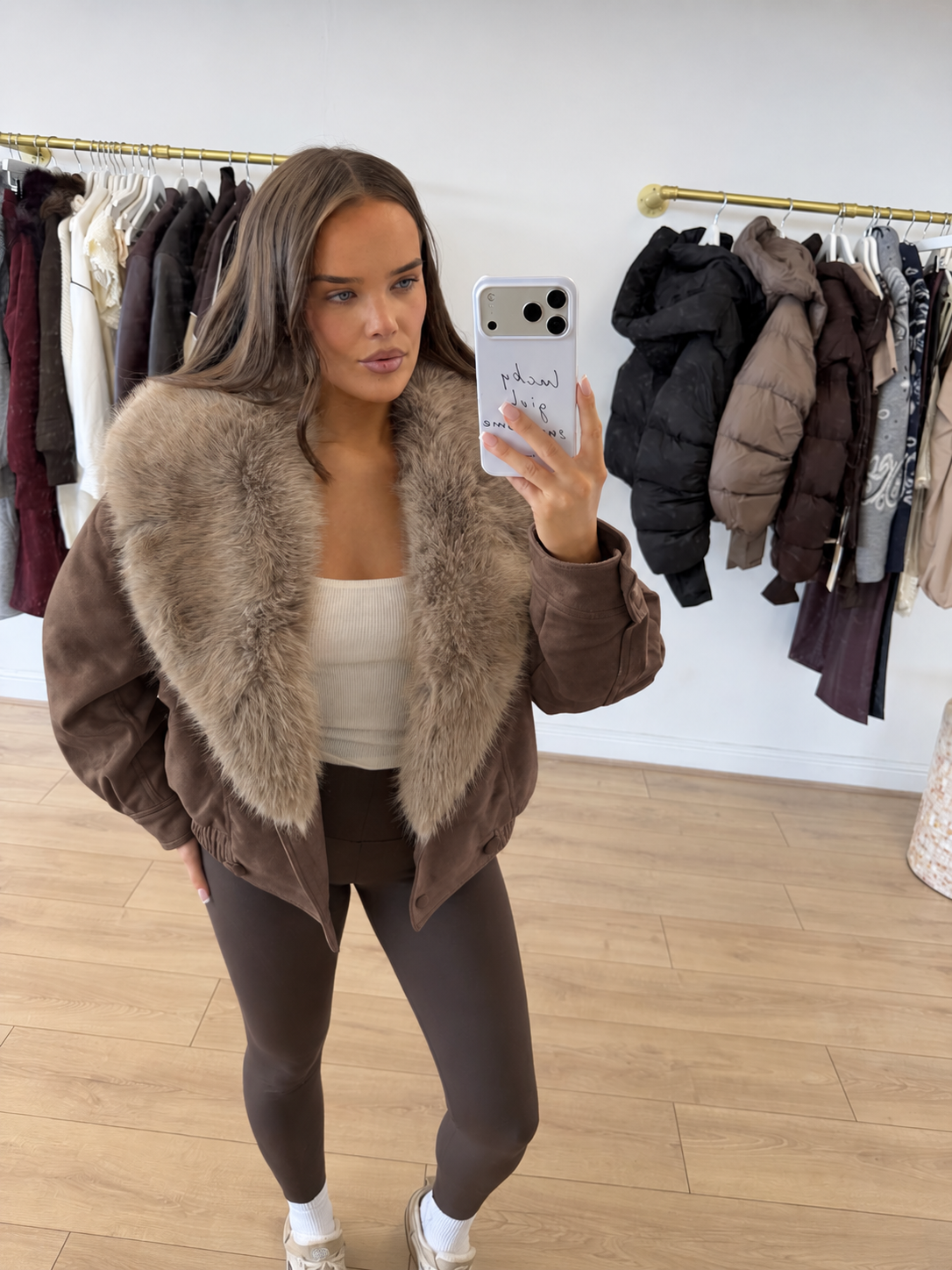 ASPEN Faux Fur Suede Jacket In Walnut Brown