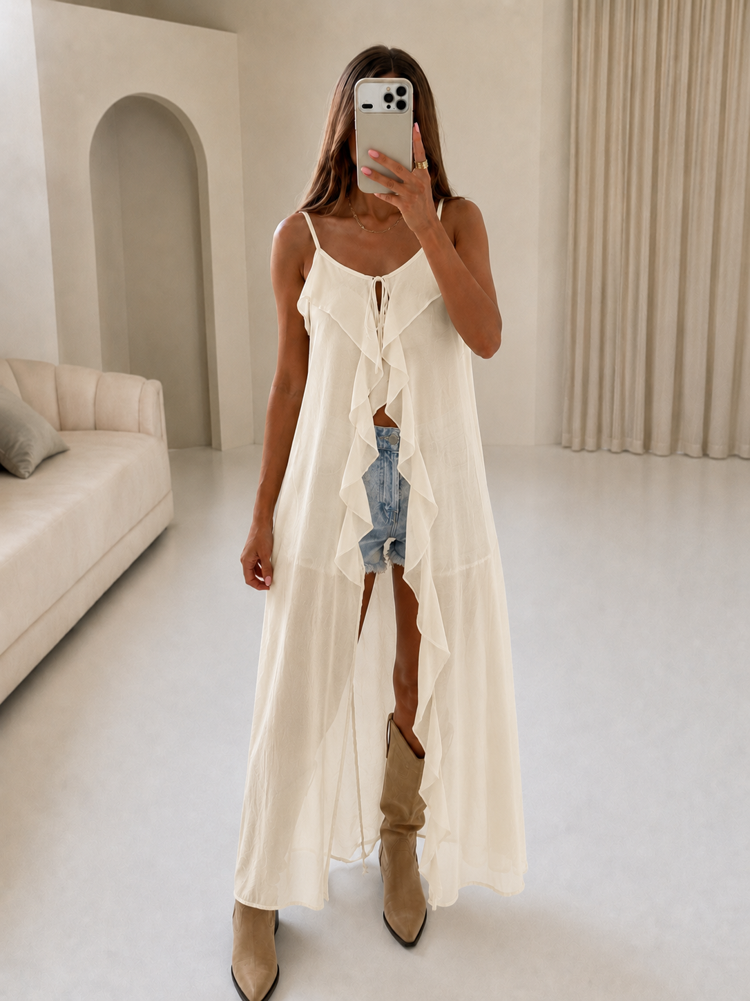 PALMA Ruffle Strappy Maxi Top In Cream