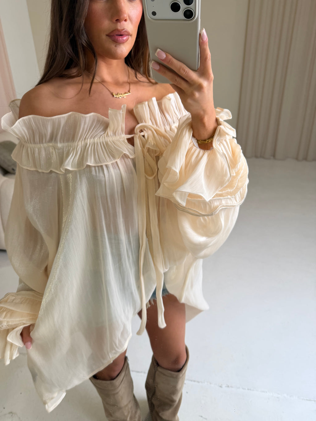ARIA Bardot Chiffon Tie Up Blouse In Beige