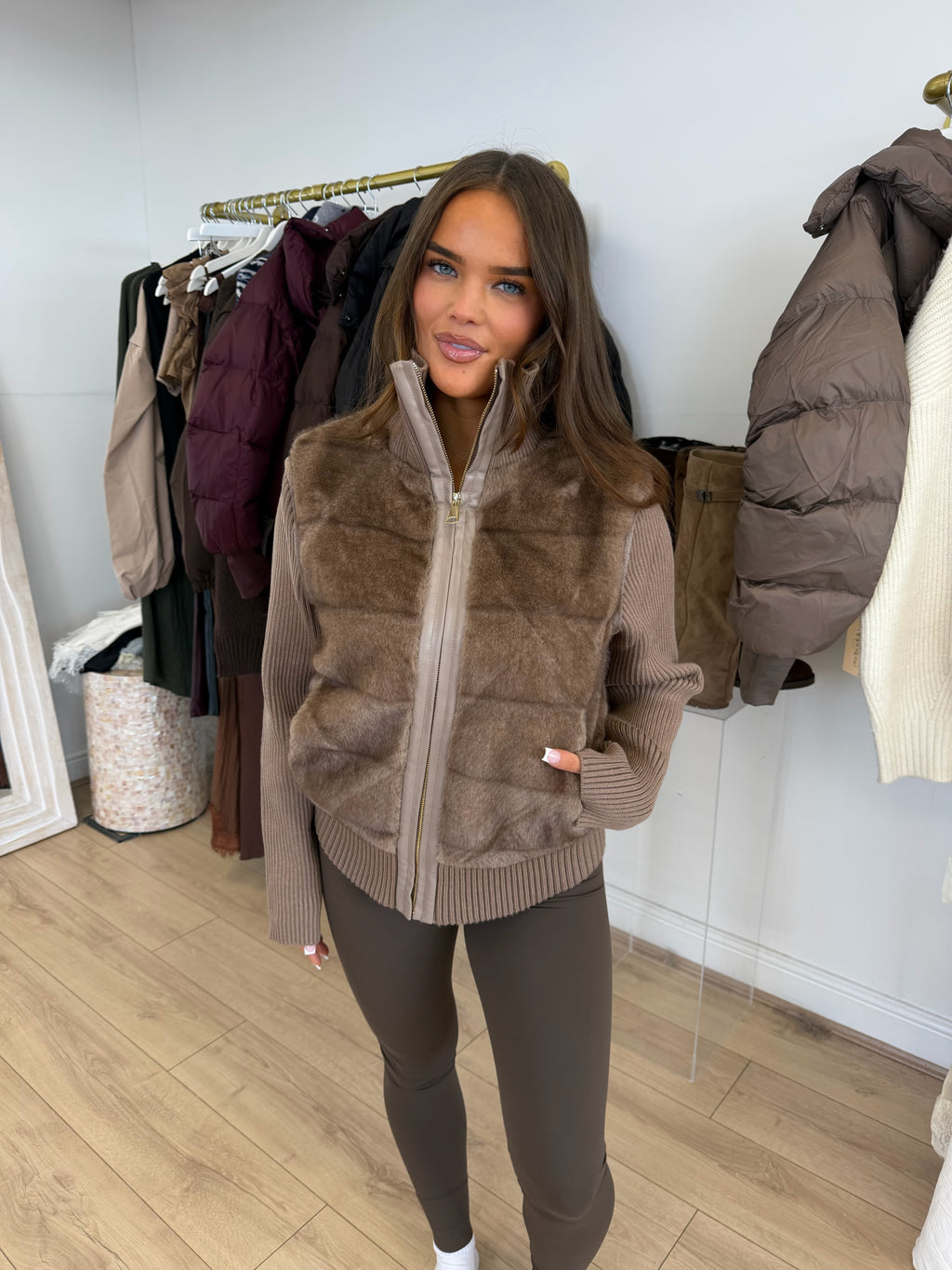 WILLOW Faux Fur Knitted Zip Up Jacket In Walnut