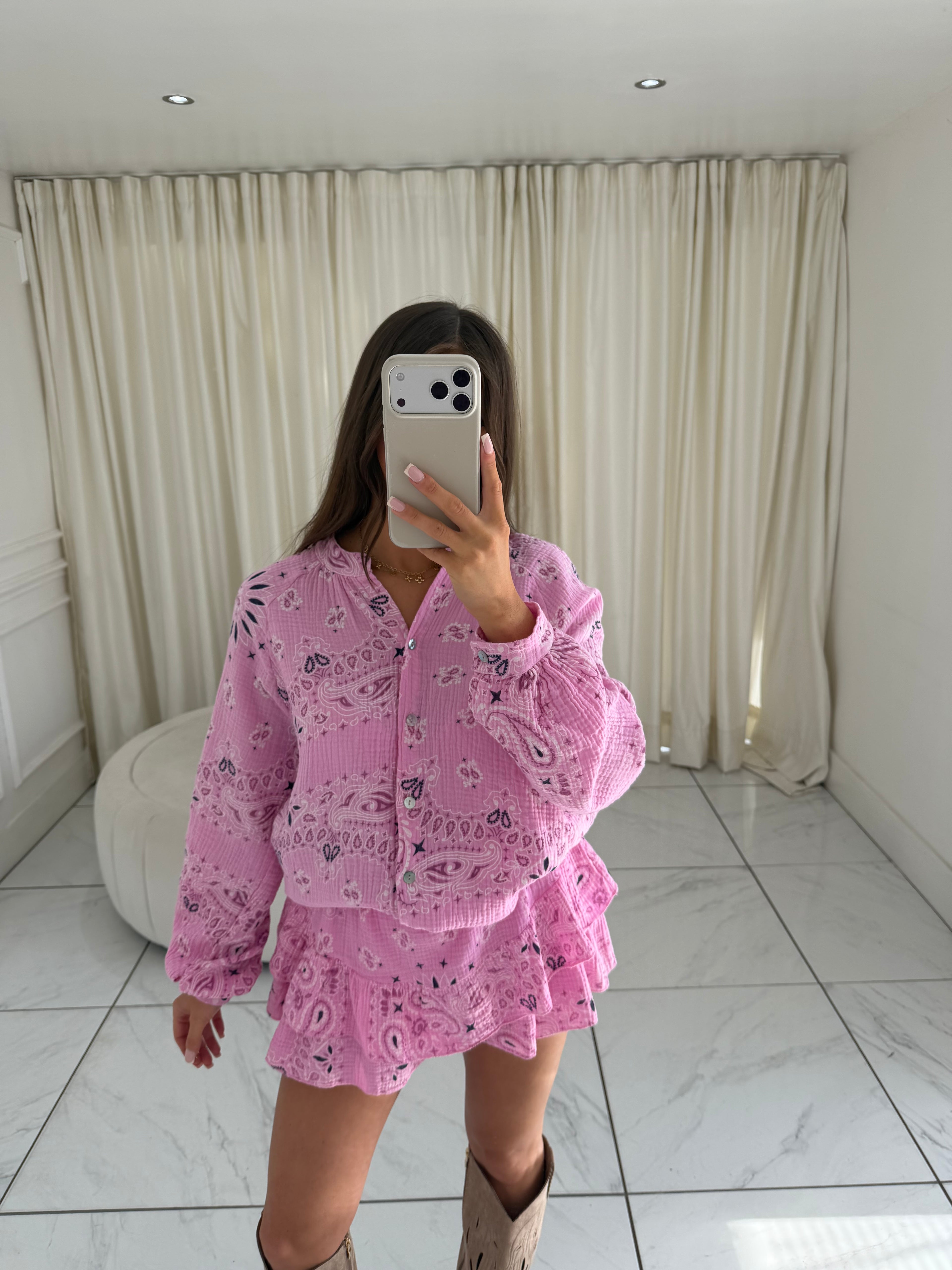 SPIRIT Paisley Cheesecloth Button Shirt & Skort Co-Ord In Pink