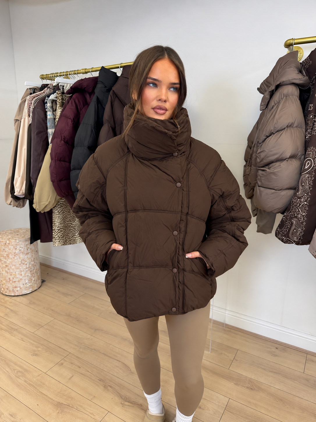 MABEL Oversized Collar Puffer Jacket In Chocolate