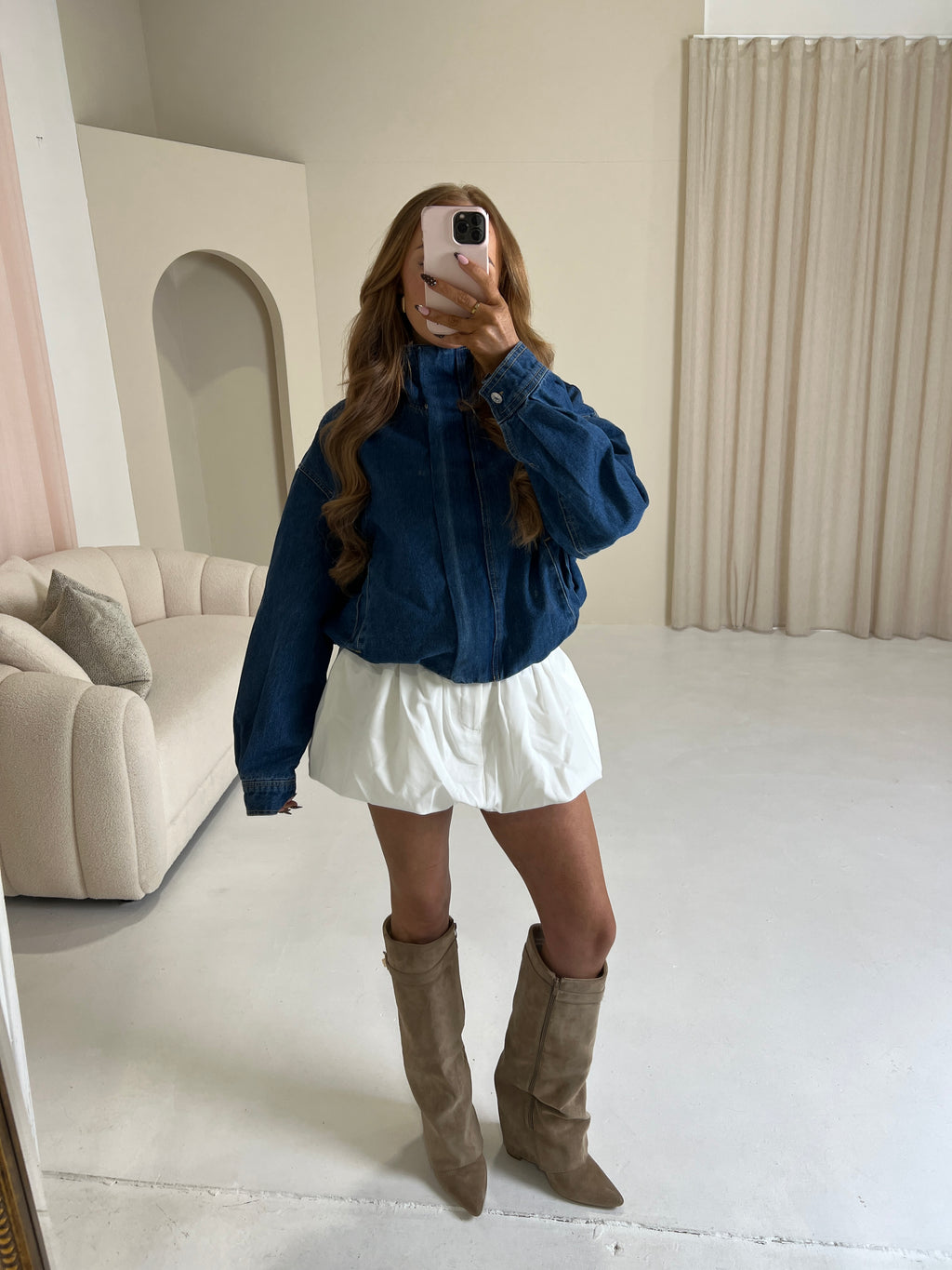 MABEL Funnel Neck Zip Up Denim Jacket In Blue