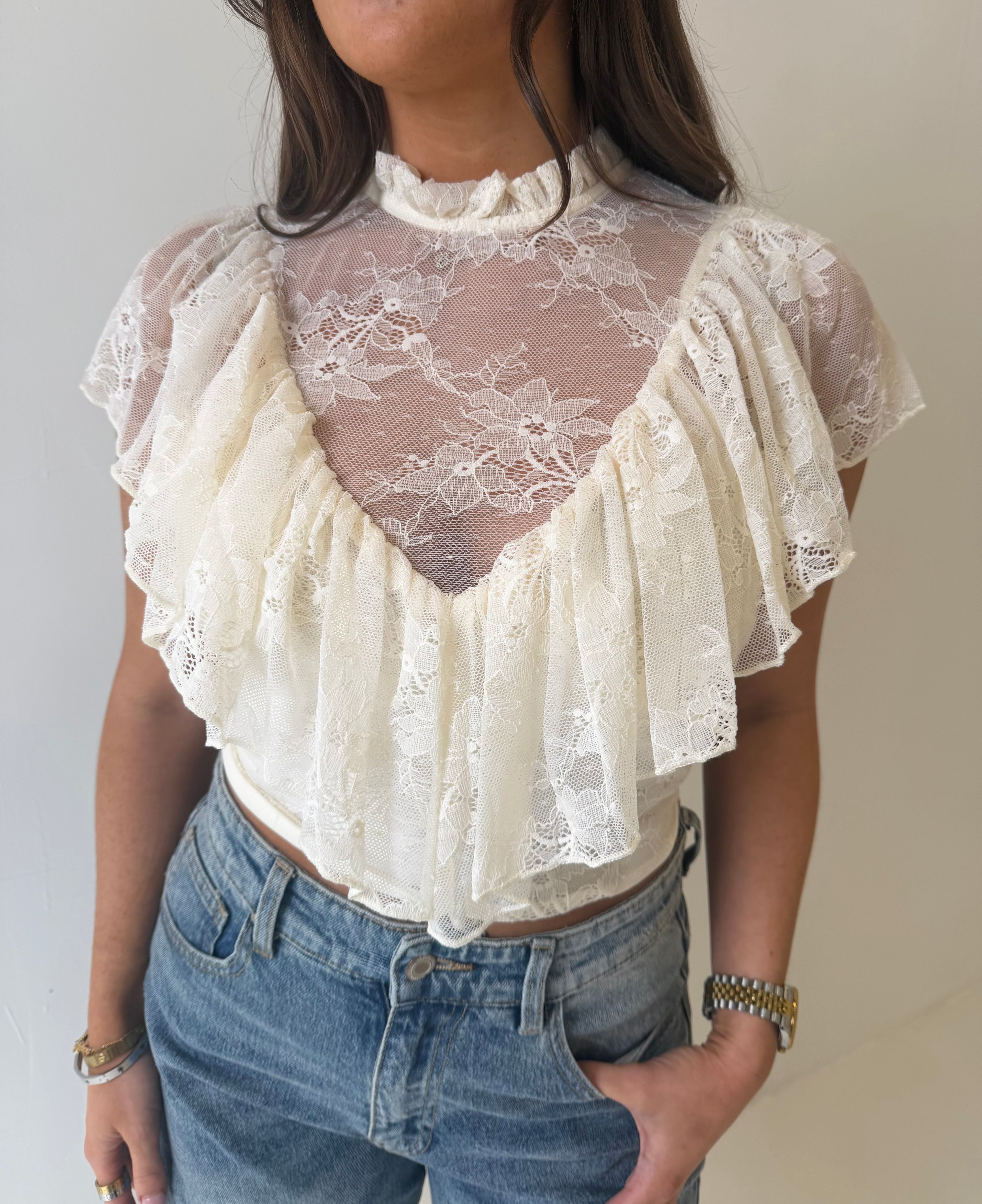 TALLULAH Lace Frill Sleeveless Top In White