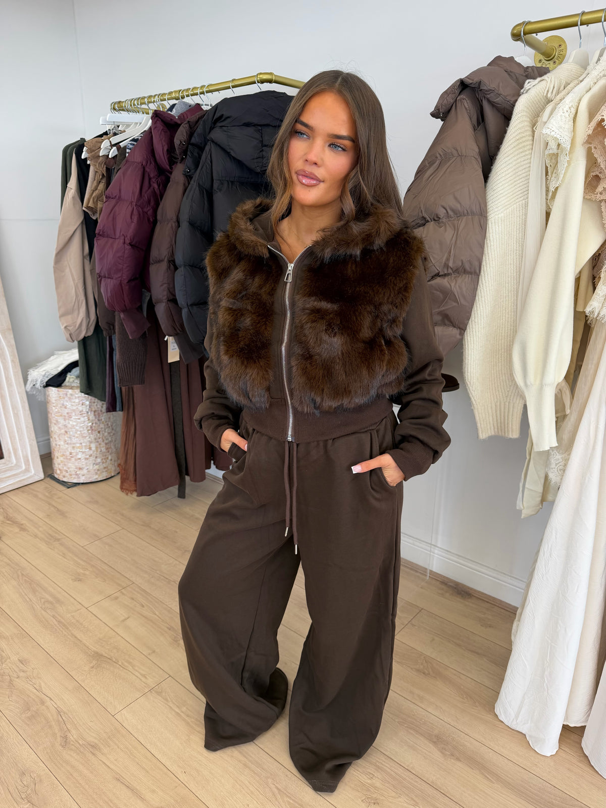 AUBREY Hooded Faux Fur Zip Up Jacket & Wide Leg Trouser Co-Ord In Chooclate
