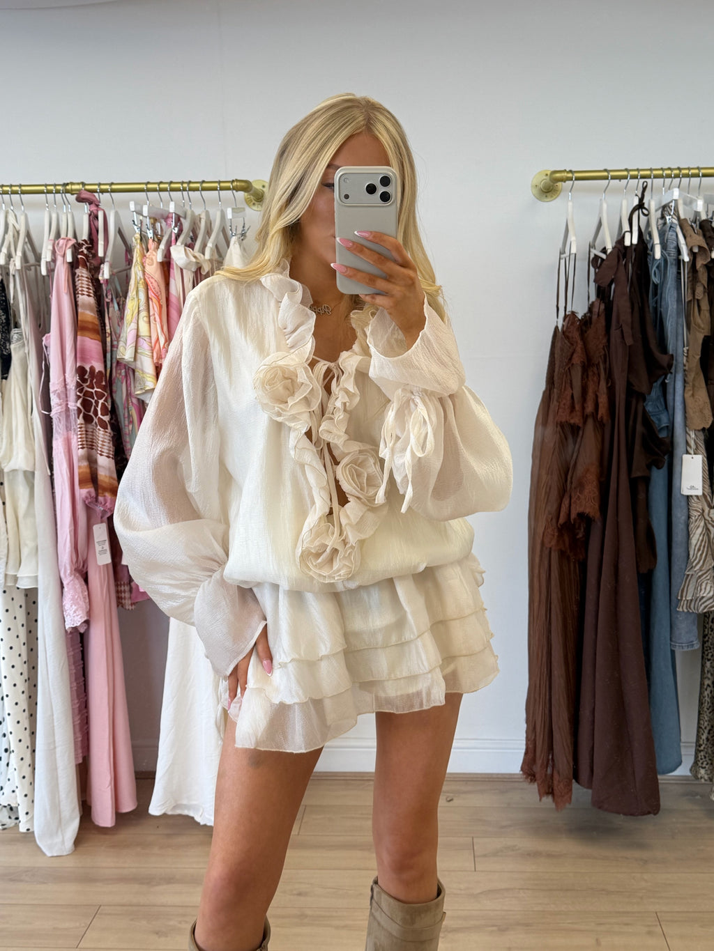 SIENNA Chiffon Long Sleeve Ruffle Dress & Shorts Co-Ord In Ivory