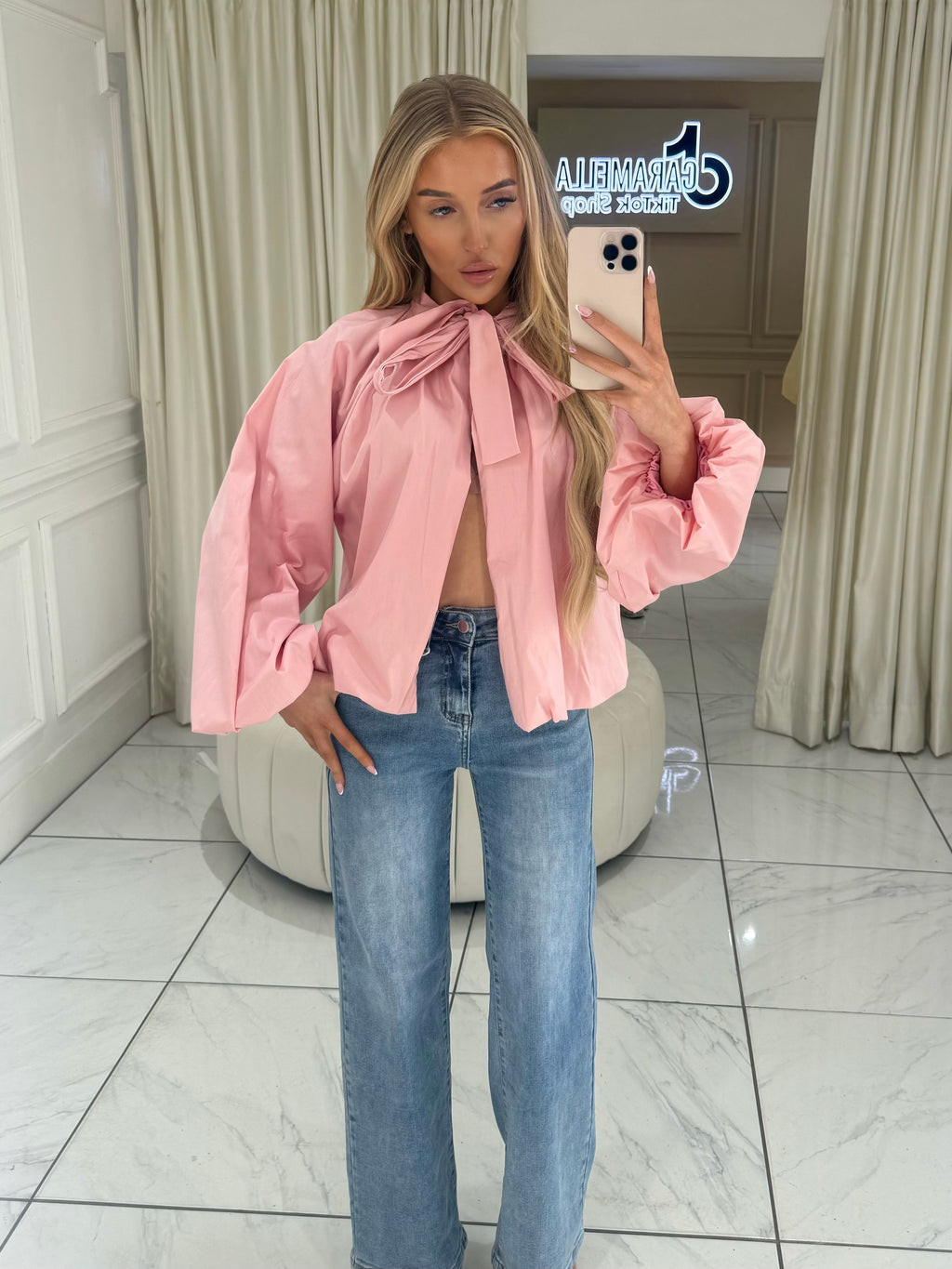 SUMMER Bow Tie Open Back Blouse In Pink