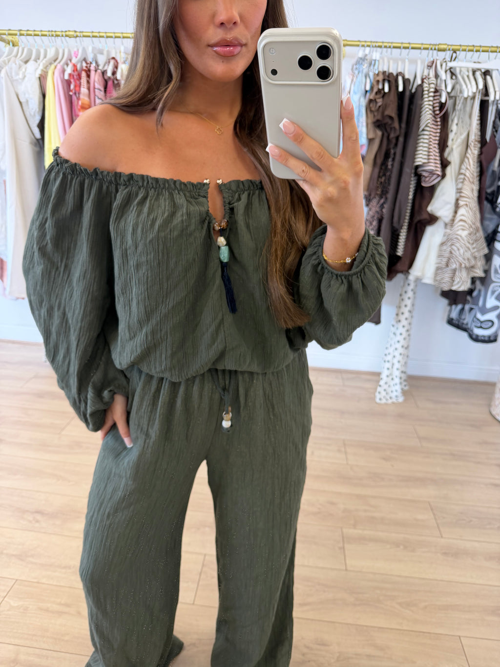 TALIA Cheesecloth Off Shoulder Top & Trouser Co-Ord In Khaki
