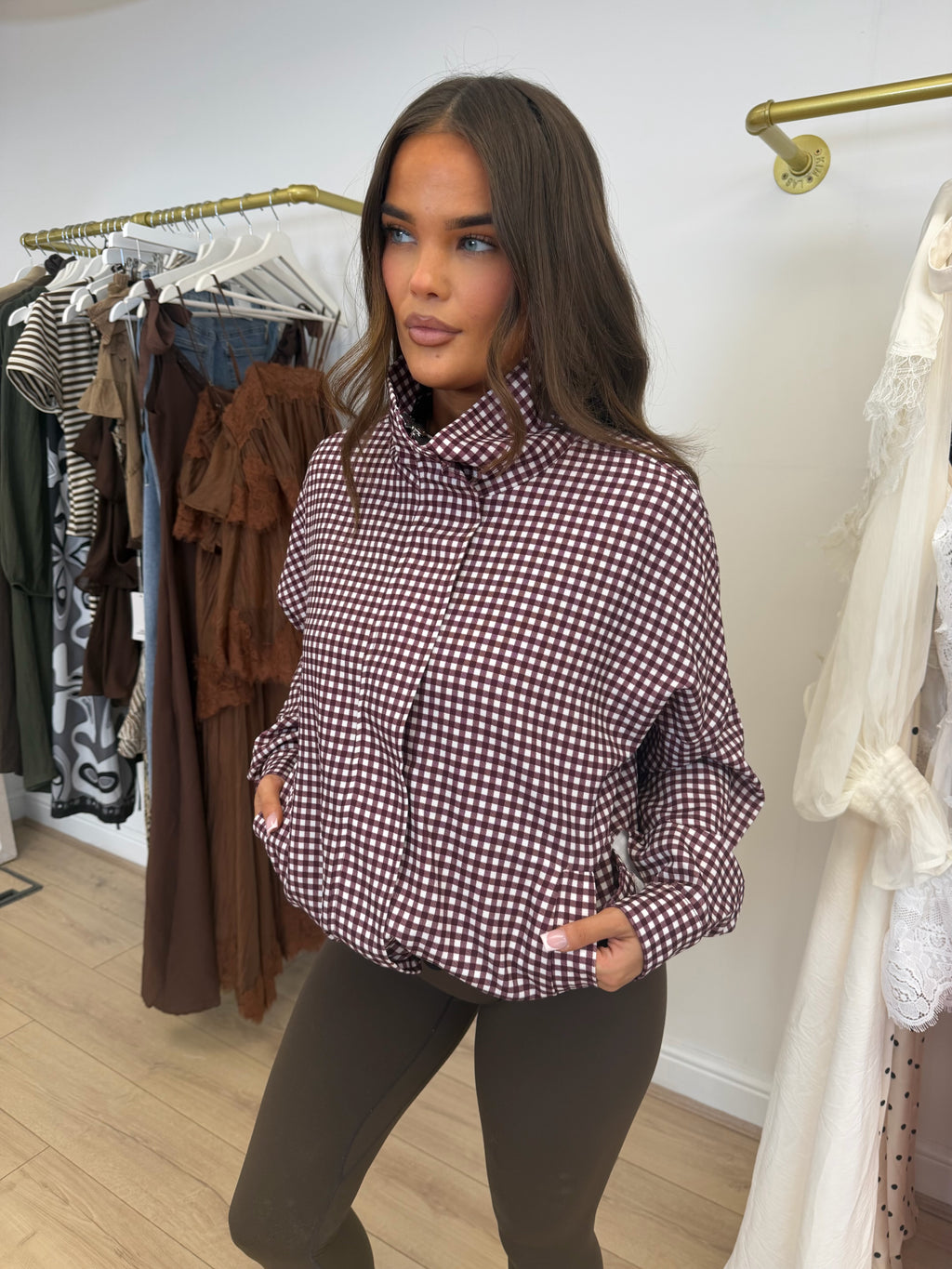 BONNIE Gingham Zip Up Jacket In Burgundy