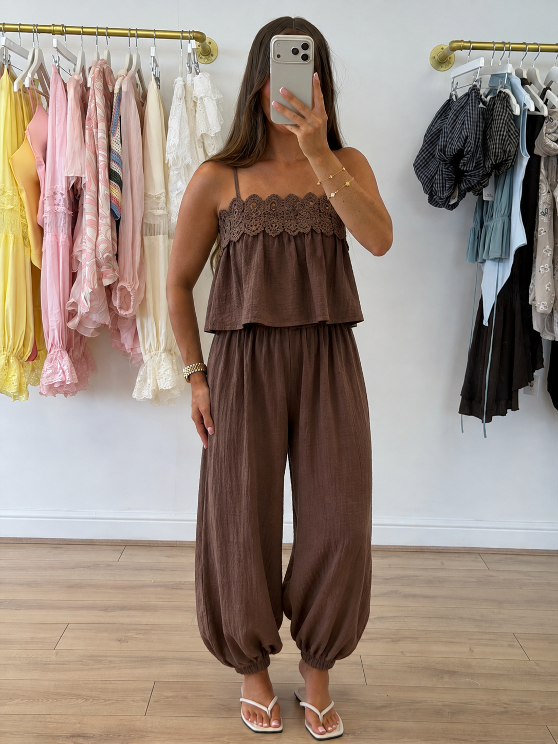 LEONIE Lace Detail Cami Top & Balloon Trouser Co-Ord In Chocolate