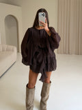 LUCIA Balloon Sleeve Ruffle Button Up Dress In Chocolate