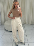 MAE Striped High Waisted Pleated Wide Leg Trousers In Beige