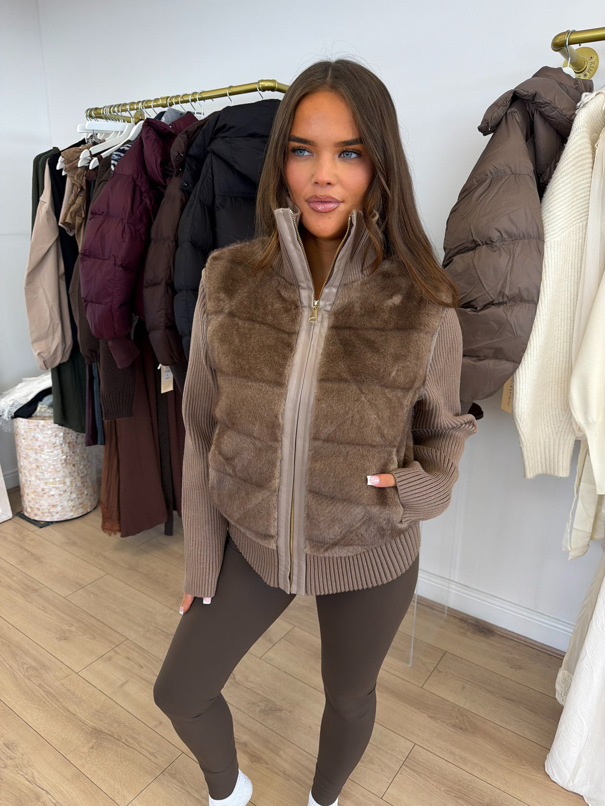WILLOW Faux Fur Knitted Zip Up Jacket In Walnut