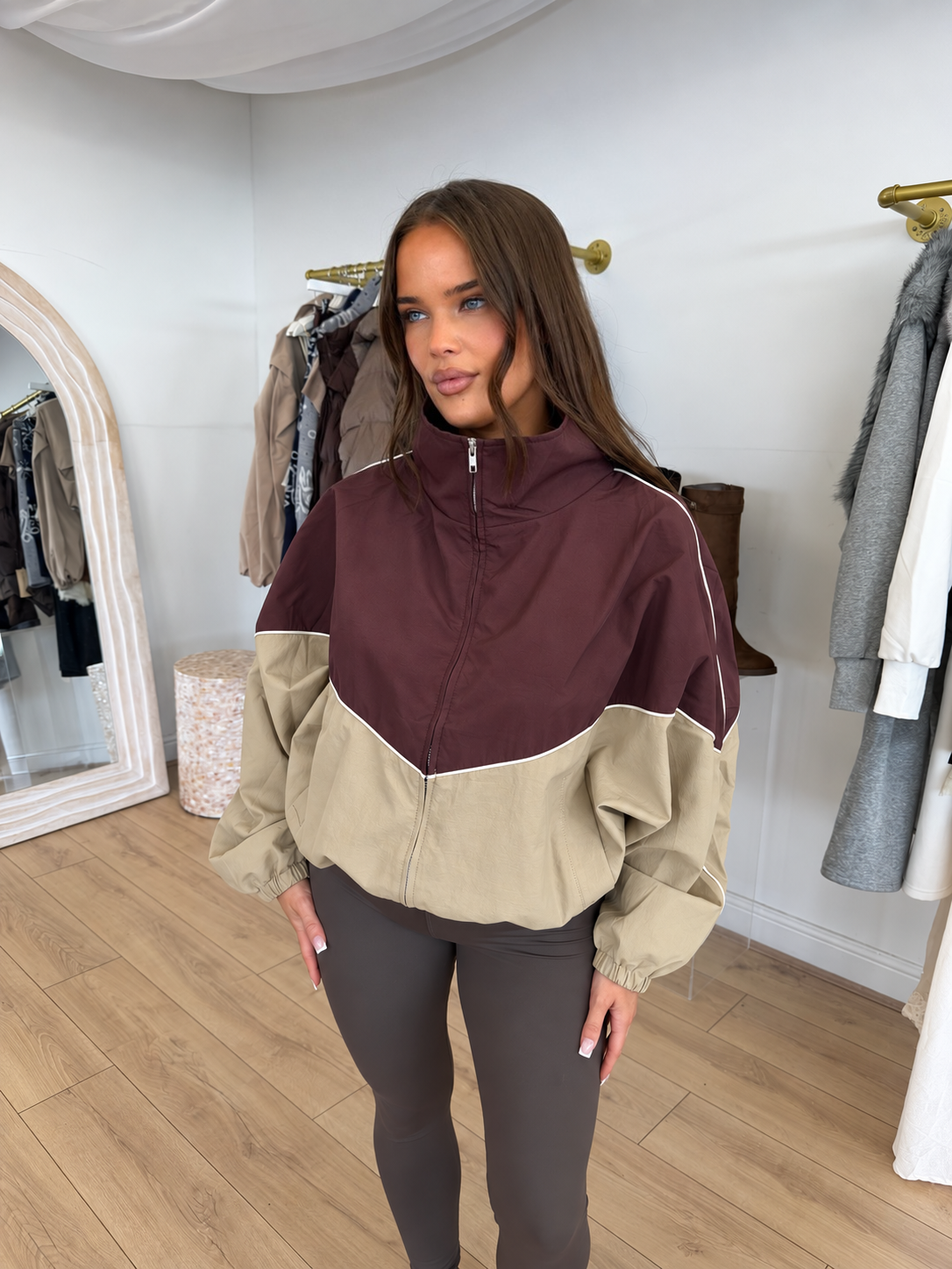 RILEY Two Tone High Neck Active Jacket In Burgundy