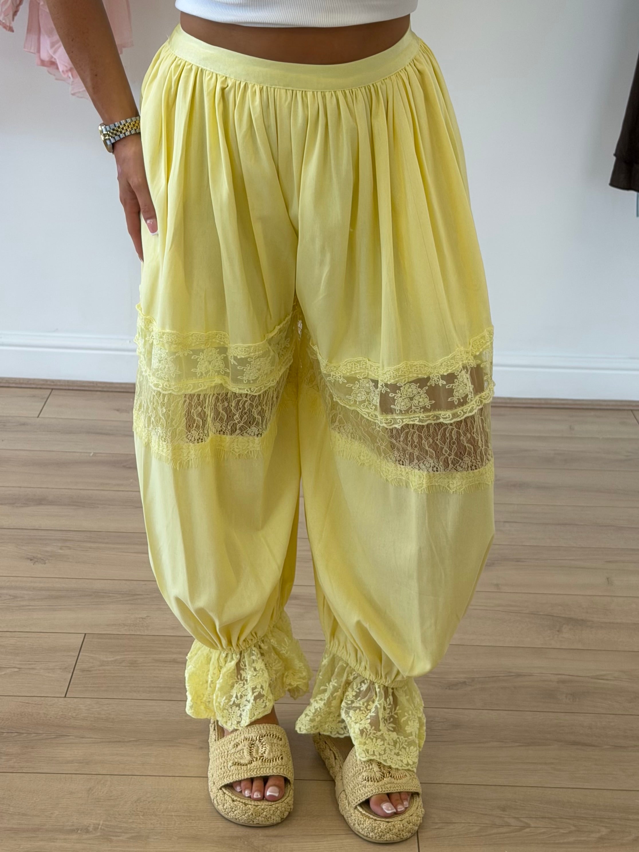 LUNA High Waisted Lace Boho Trousers In Lemon