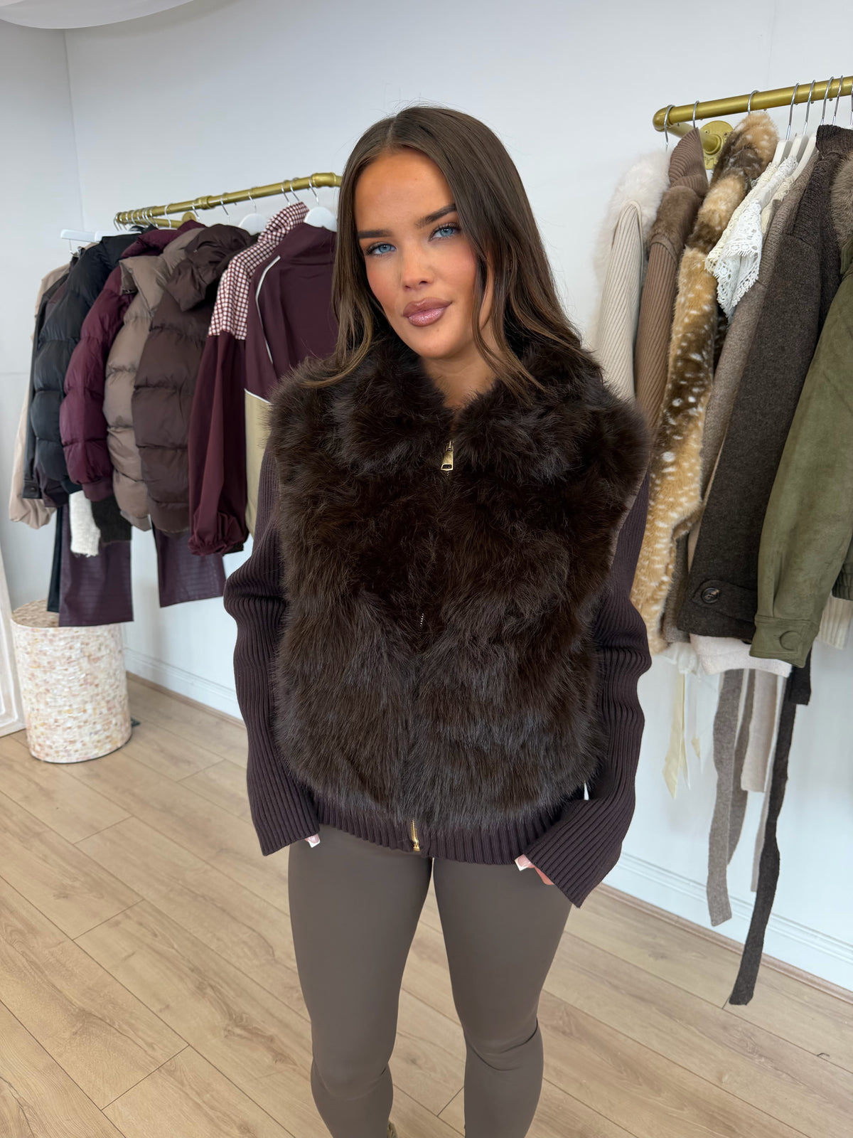 WREN Faux Fur Collar Knitted Zip Up Jacket In Chocolate