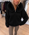 BONNIE Zip Up Knitted Faux Fur Hooded Cardigan In Black