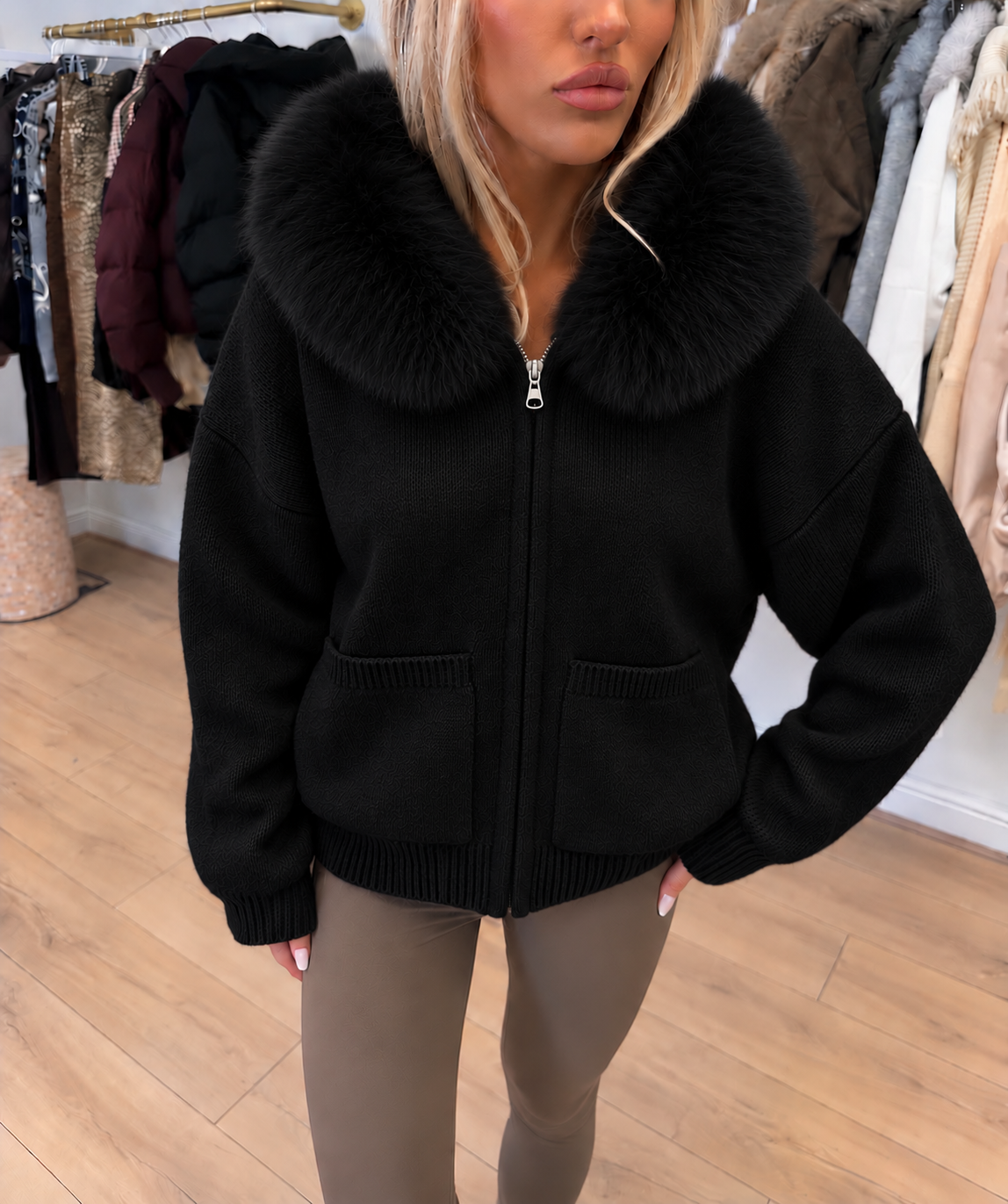 BONNIE Zip Up Knitted Faux Fur Hooded Cardigan In Black