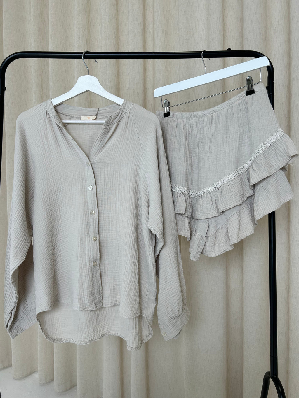SPIRIT Cheesecloth Button Shirt & Skort Co-Ord In Stone