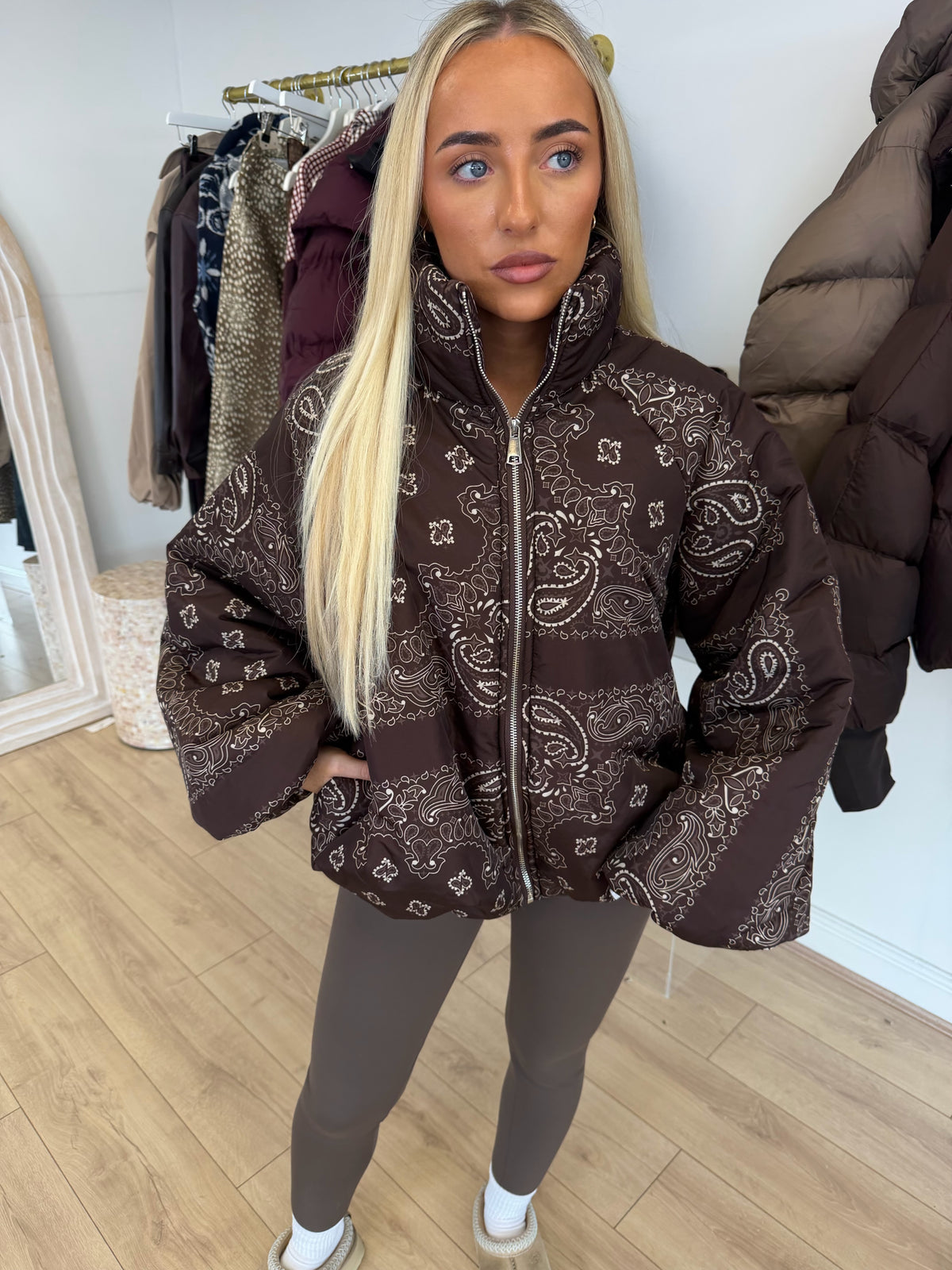 INDIE Paisley Puffer Oversized Jacket In Chocolate