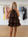 TALLULAH Halterneck Frill Detail Mini Dress In Chocolate