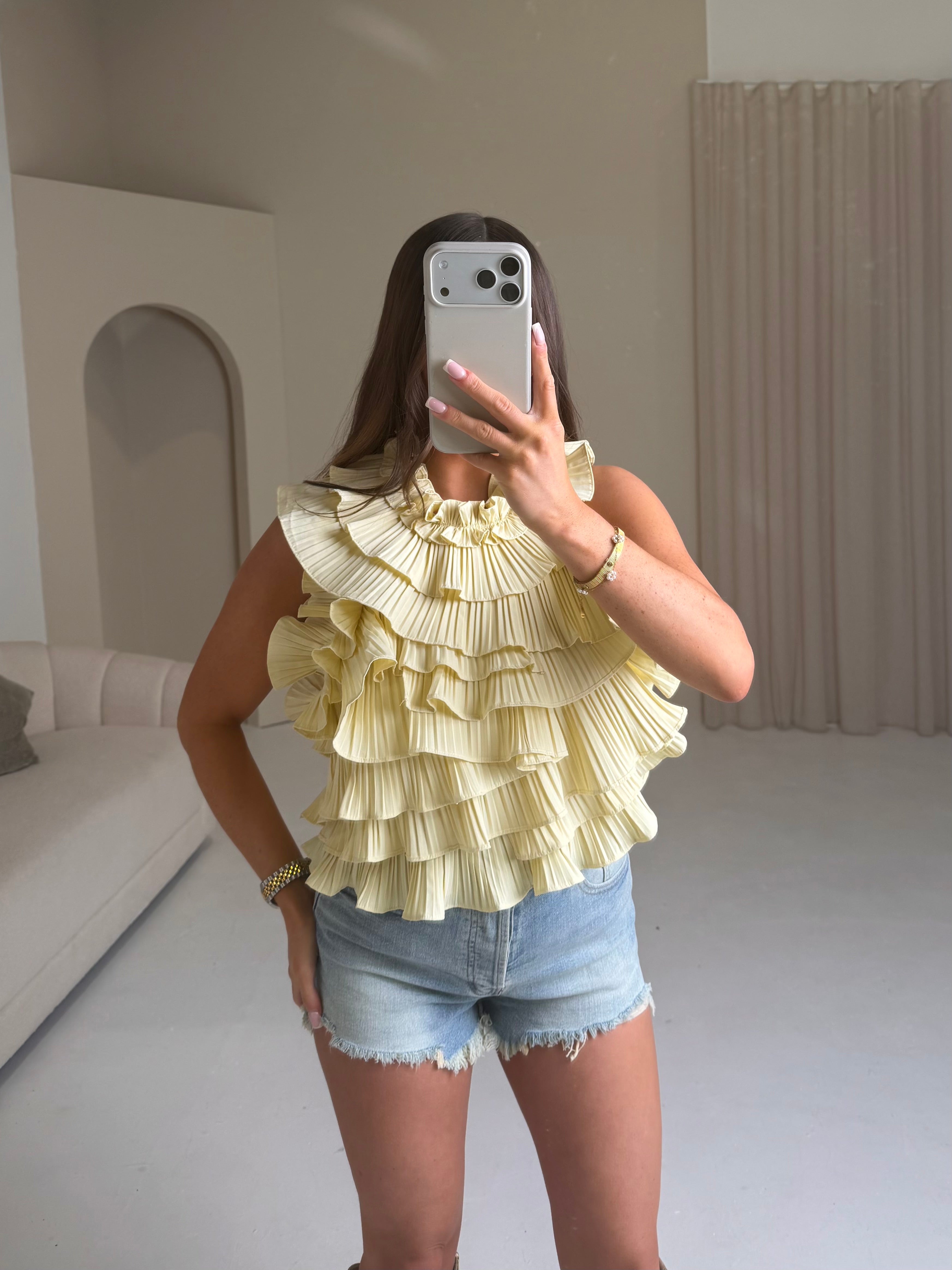 ELIZA Pleated Ruffle Trim Blouse In Lemon