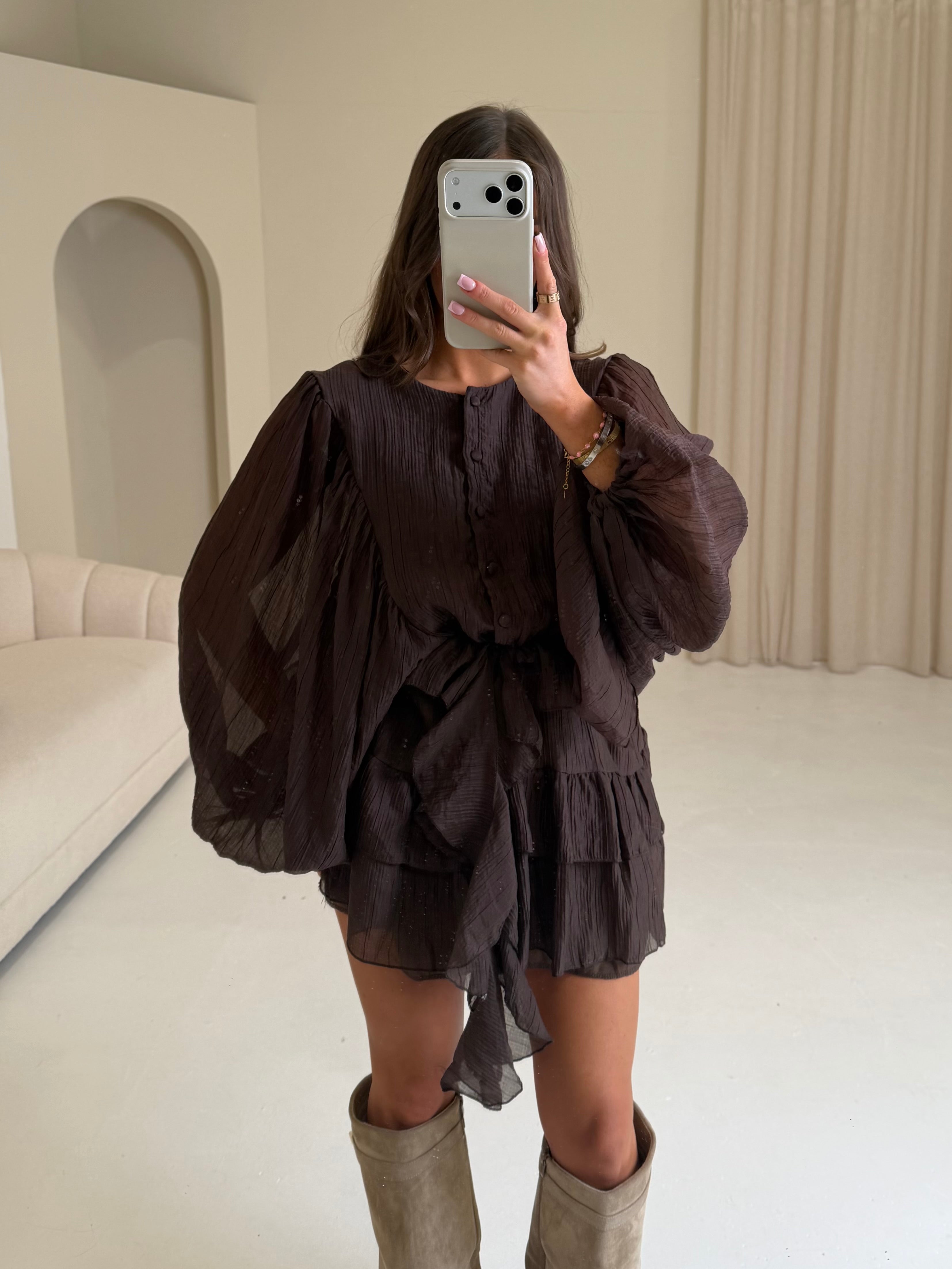 LUCIA Balloon Sleeve Ruffle Button Up Dress In Chocolate