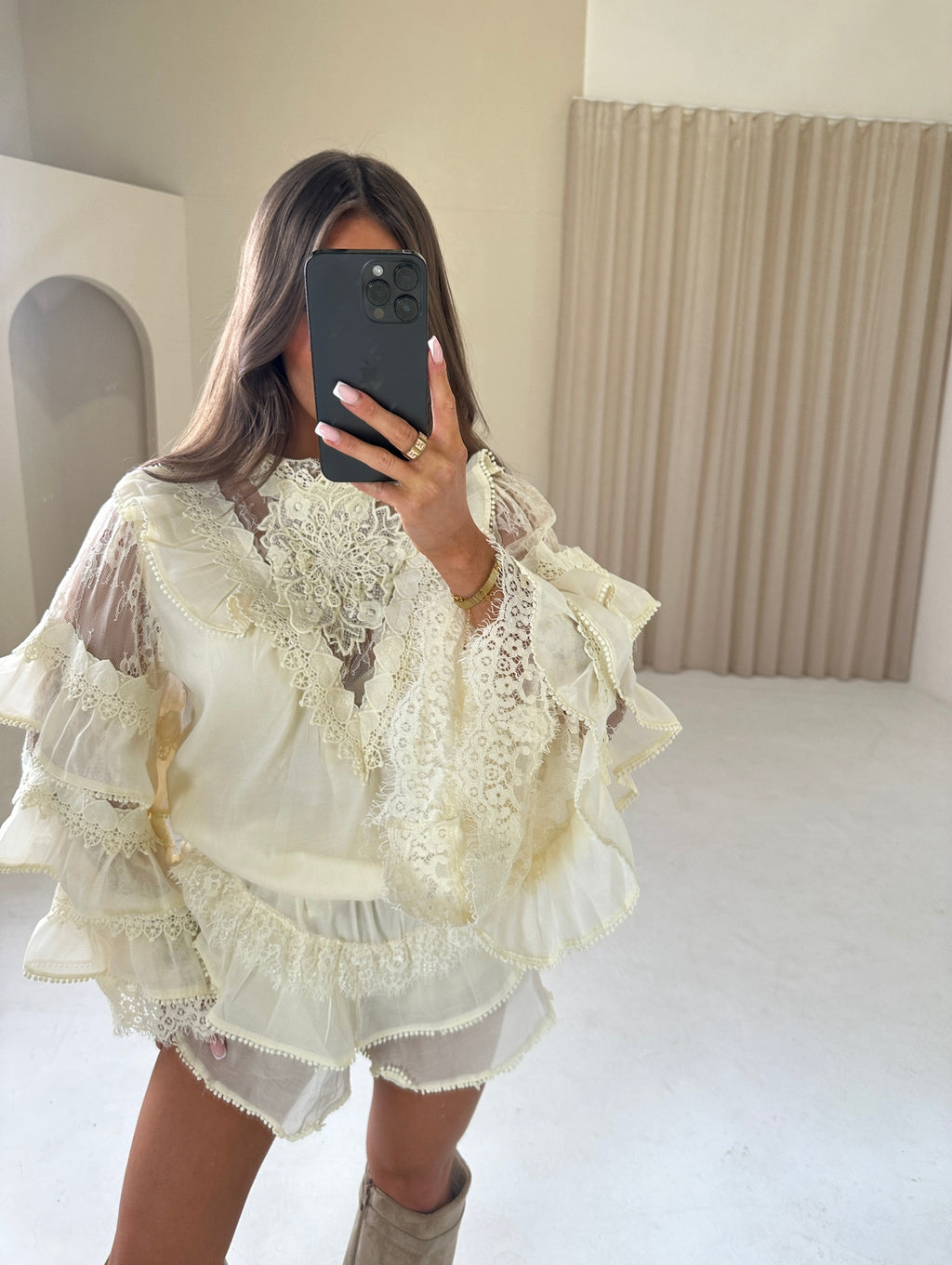 ISABEL Ruffle Long Sleeve Top & Mini Shorts Co-Ord In Beige